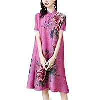Chinese Style Retro Disc Button Cheongsam Dress Women Loose Printing Elegant Pleated Party Dresses Evening