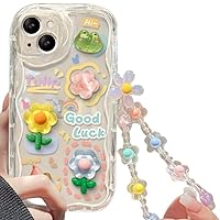 Cute Phone Case for iPhone 15 Teens Case with Cute Clear 3D Flower Floral and Flower Chain Lanyard Wrist Strap Clear Phone Case for Girls Womens