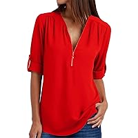 Andongnywell Women's Chiffon Blouse V Neck Casual Shirt Loose Top Pull Sleeve Loose Chiffon Shirt with Zipper