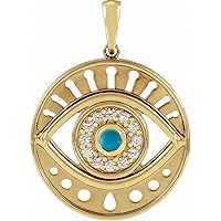 14k Yellow Gold Round Natural Turquoise 3mm 0.17 Carat Diamond I1 G h Polished and 1/6 Evil Eye Pen Jewelry for Women