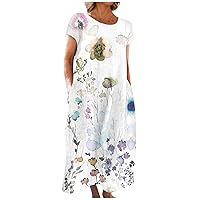 Cotton Linen Dresses for Women 2024 Summer Elegant Trendy Crewneck Short Sleeve Midi Dress Casual Plain Beach Dress