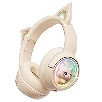 Bluetooth Cat Headphones, Wireless Headset with Built-in Mic, RGB Light Compatible with Mobile Phones PC Tablet, with 3.5mm Wired Mode for Audio Only, Beige