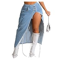 Women's Denim Maxi Skirt Camo Long Skirts Cargo Jean Skirt Sexy High Slit
