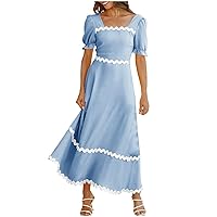 Women's Square Neck Short Puff Sleeve Dress Rickrack Trim Smocked A Line Flowy Maxi Dresses 2024 Summer Sundresses