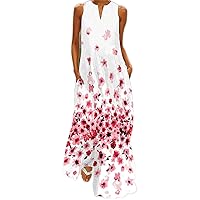 Women's Bohemian Swing Round Neck Trendy Dress Casual Summer Foral Print Hawai Flowy Beach Sleeveless Long Floor Maxi Red