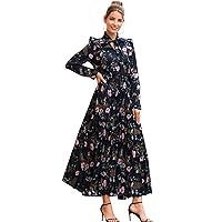 Summer Dresses for Women 2023 Floral Print Ruffle Trim Tie Neck Pleated Maxi A-Line Dress