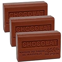 Savon de Marseille - French Soap made with Organic Shea Butter - Chocolate Fragrance - Suitable for All Skin Types - 125 Gram Bars - Set of 3