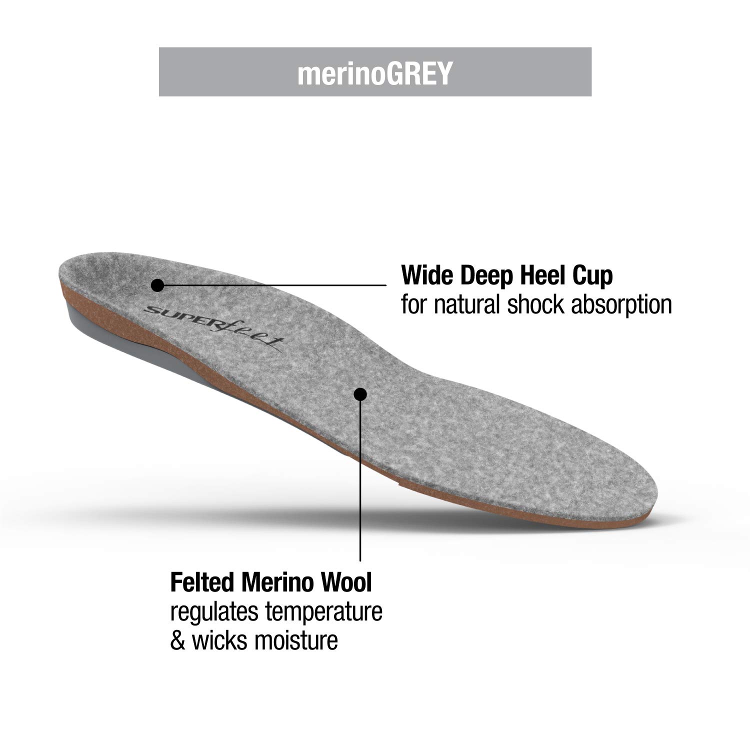 Superfeet merinoGREY, Wool Comfort and Warmth Maximum Support Winter Shoe Insoles