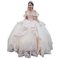 Off The Shoulder Quinceanera Ball Gown Dresses with Sleeves Ruffles Champagne Lace Pink Applique Crystal Rhinestones Beads Wedding Bridesmaid Dress Cheap 6
