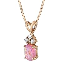 PEORA Solid 14K Rose Gold Created Pink Opal with Genuine Diamonds Pendant for Women, Dainty Solitaire, Oval Shape, 7x5mm