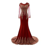 Spandex Sheer Long Sleeves Gold Lace Mermaid Formal Evening Prom Dresses