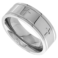 Surgical Stainless Steel 8mm Cross Wedding Band Ring Comfort-fit, Sizes 6-14