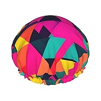 Colorful Triangle Print Shower Cap, Bath Shower Caps for Women Long Hair, Double Layer Waterproof Bathing Shower Hat