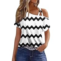 One Shoulder Shirts for Women Sexy Printing Short Sleeve Tee Tops Summer Dressy Loose Fit Blouse