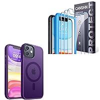 CANSHN Magnetic Designed for iPhone 11 Case Deep Purple + 3 Pack Screen Protector for iPhone 11 Tempered Glass with Easy Installation Frame - 6.1 Inch