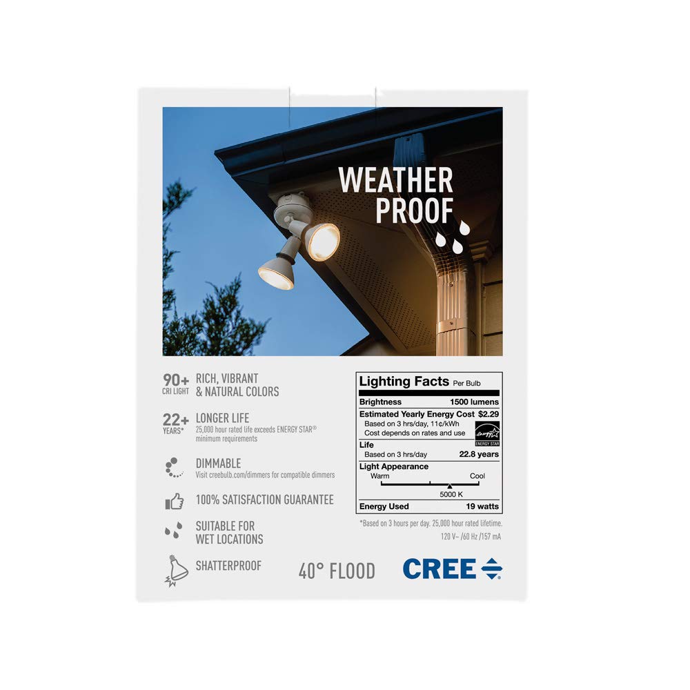 Cree Lighting PAR38 Weatherproof Outdoor Flood 150W Equivalent LED Bulb, 40 Degree Flood, 1500 lumens, Dimmable, Daylight 5000K, 25,000 hour rated life, 90+ CRI | 1-Pack, White