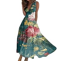 Women's Casual Dresses Summer Wrap Maxi Dress Boho Fashion Marble Print V Neck Sleeveless Ruffle Hem Tiered Dresses