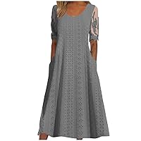 Floral Mesh Short Sleeve Shirts Dress Women Summer Hollow Eyelet Crewneck Midi Dress Casual Loose A-Line Beach Dress