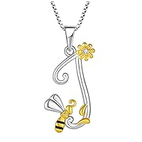 FJ 925 Sterling Silver Initial Alphabet Letters Pendant From A-Z, Bee and Honey Flower Necklace Best Gift For Woman Men