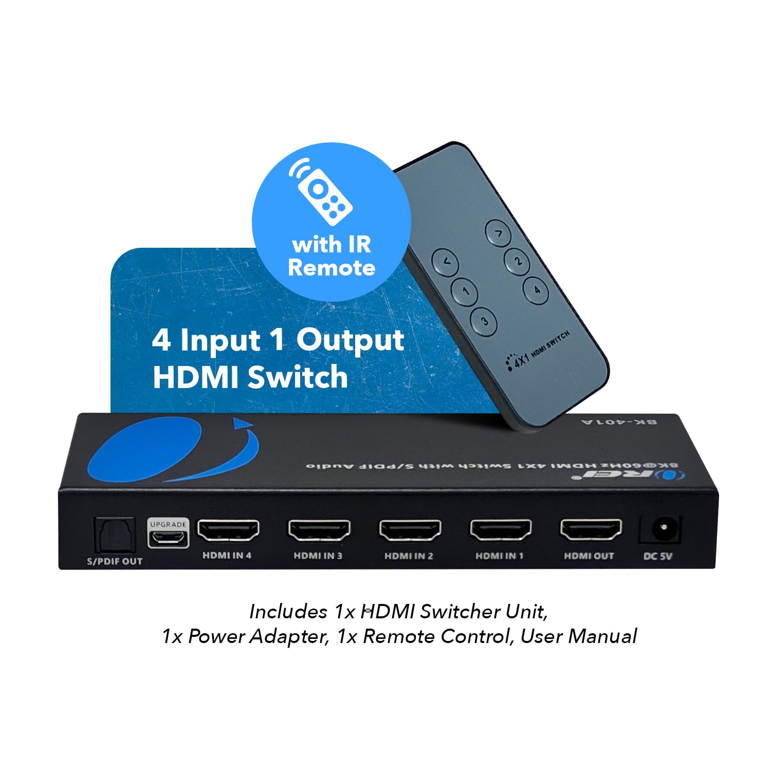 OREI 8K HDMI 2.1 Switch 4x1, Switcher with Audio Extractor UltraHD Supports Upto 4K @ 120Hz PS5, Xbox, Gaming, Remote Contorl IR EDID HDCP 2.3 - Optical Out (BK-401A)