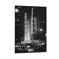 Vintage Black And White Poster. Radio City Music Hall And Yellow Cabs at Night, Manhattan, Times Squ Poster for Room Aesthetic Posters & Prints on Canvas Wall Art Poster for Room 08x12inch(20x30cm)