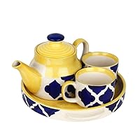 Ceramic Blue Handcrafted Cups & Kettle Gift Set Of 2 Ceramic cups, 1 kettle and 1 tray- Kitchen/Microwave Safe/Crockery/Gift Set/House Warming- 150ml each