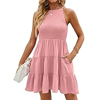 Womens Casual Sleeveless Summer Dresses Halter Smocked Tiered Ruffle A-Line Mini Dress Sundress with Pockets