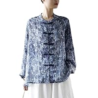 Women's Linen Bat Sleeve Blue and White Porcelain Chinese Shirt Round Neck Chinese Button Blouse