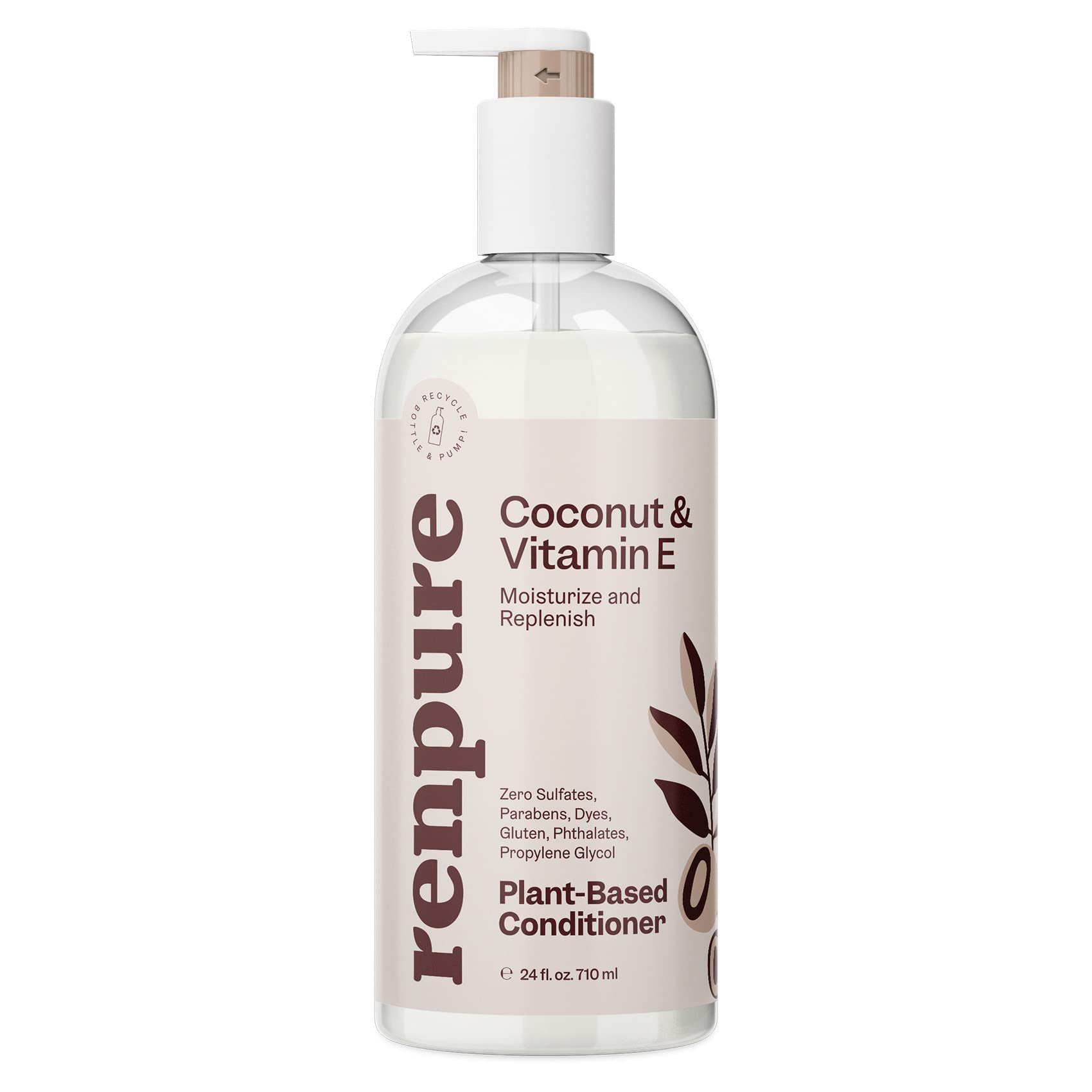 Renpure Plant Based Coconut and Vitamin E Moisturize and Replenish Conditioner - Ideal for Dry, Lifeless Hair - Leaves Hair Silky and Smooth - Paraben Free - Recyclable, Pump Bottle Design - 24 fl oz