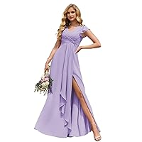 Women's Ruffle Sleeve Chiffon Bridesmaid Dresses Long with Slit V Neck Formal Evening Gowns