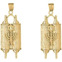 Jewish Torah Scroll Earrings | 14K Yellow Gold Torah Scroll with Star & Menorah Lever Back Earrings - Made in USA