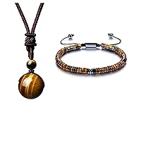 Jovivi Bundle of Tiger Eye Crystal Ball Pendant Necklace and Tiger Eye Amethyst Cluster Beaded Bracelet for Men
