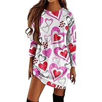 Women's Spring Dresses Fashion Valentine's Day Printed Long Sleeved Irregular Pleated Round Shirt Dress, S-3XL