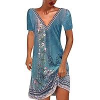 Casual Dress for Women 2024 Fashion Summer V Neck Short Sleeve Swing Midi Dress Floral Printed Beach Sundress