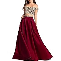 Women's Satin Two Pieces Off Shoulder Prom Dress Lace Applique Long Formal Evening Gowns with Pocket Burgundy