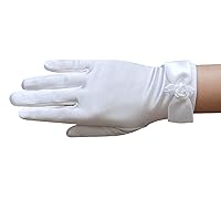 Girl's Satin Gloves with a Satin Bow & Flower, Pearl in the center/White