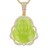 Buddha Necklace Green Jade Lucky Buddha Pendant with 14K Gold Plated Chain Luxury Bling Laughing Buddah Neckless for Women Men, Gold Plated, Agate