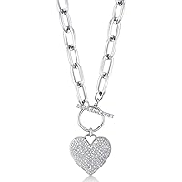 Allurez Diamond Pave Heart Paper Clip Link Pendant Necklace 14K White Gold (0.50ct)