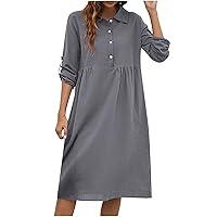 Womens Roll-Up 3/4 Sleeve Cotton Linen Shirt Dress Summer Button Down Lapel Casual Dressy Loose Solid A-Line Dress