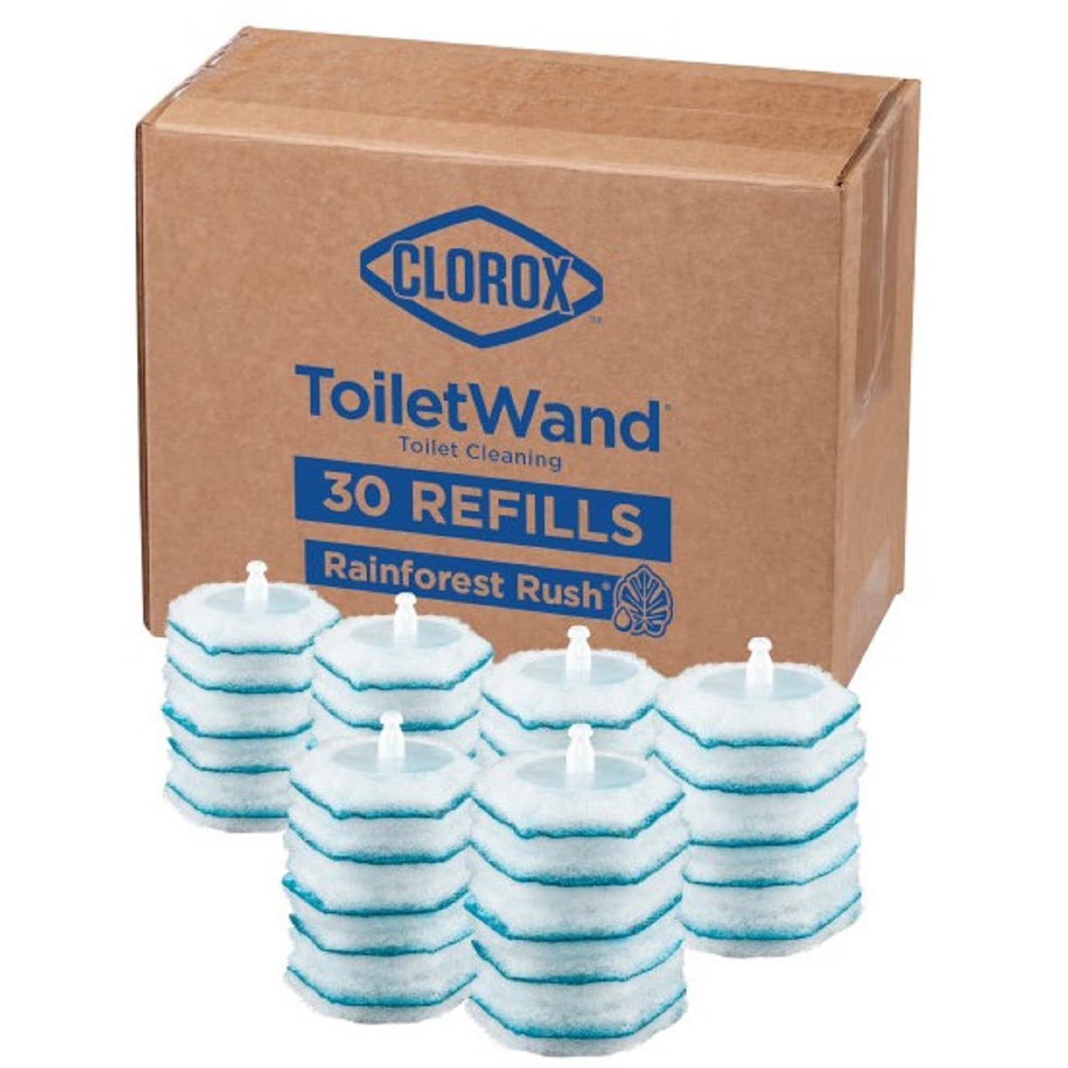 Clorox Toilet Wand Disinfecting Refills, Toilet and Bathroom Cleaning, Toilet Brush Heads, Disposable Wand Heads, Rainforest Rush, 30 Count