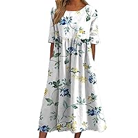 Women's Casual V Neck Pleated Maxi Linen Dress Summer Half Sleeve Loose Linen Dresses with Pockets