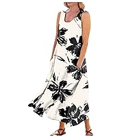 Summer Dress for Women 2024 Plus Size Sundress Floral Sleeveless Dress Cotton Linen Beach Dress with Pockets