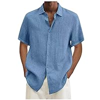 Mens Button Down Shirt Solid Short Sleeve Linen Shirts for Men Summer Casual Beach T Shirts Lightweight Tops Loose Fit Blouse