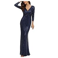 Women V Neck 3/4 Sleeve Sequin Dress Elegant Ball Gown Ruched Wedding Evening Party Cocktail Bodycon Maxi Dresses