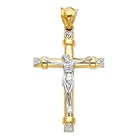 Solid 14k Yellow White Gold Cross Jesus Charm Crucifix Pendant CZ Religious Style Fancy 2 Tone 30 x 44 mm