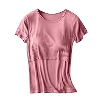 Maternity Shirts Women Built in Bra Tops Ribbed Cotton Tshirt Padded Tees Comfy Layered Blouse Short Sleeve T Shirt