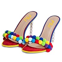 FSJ Women's Cute Colorful Hair Ball Furry Mules Slip On Summer Beach Slides Open Toe Sandals Bohemian Clear Beads Thick High Heel Casual Shoes Size 4-15 US
