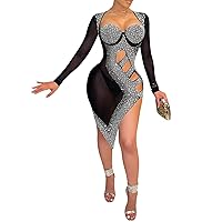 CUTUBLY Women Long Sleeve Birthday Dresses Rhinestone Cut Out Bodycon Mini Club Sexy Dress Party Club Night Dress