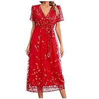 Wedding Guest Dresses for Women 2024 Trendy Embroidered Tie Wrap Long Dresses Ladies Casual Short Sleeve Summer Dress