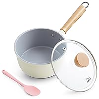 ROCKURWOK Ceramic Nonstick Sauce Pan, 2.2 Quart Cooking Pot, Small Saucepan with Lid, PTFE & PFAS-Free, Wooden Handle for Cool Touch, Universal Base(Gas, Electric & Induction), White